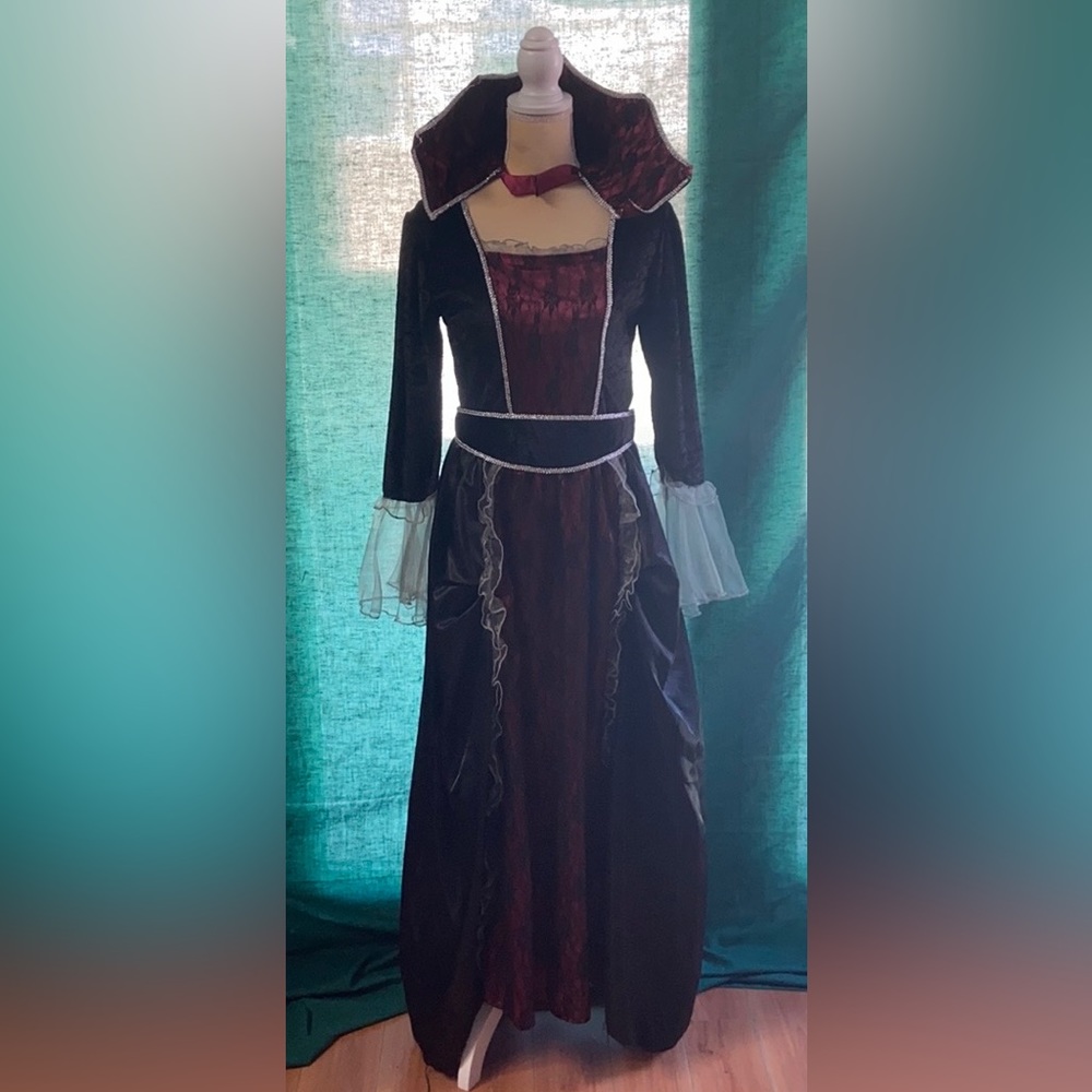 🎃 Halloween Costume Victorian Vampiress Long Velvet & Lace Dress Size M/L 10-12